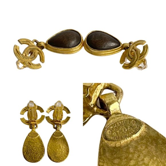 CHANEL Engraved Coco Mark Wood Earrings Gold Brown - Picture 2 of 5